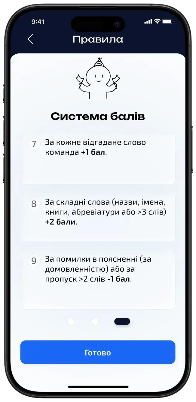Екран «Правила» — Система балів. 7. За кожне відгадане слово команда +1 бал. 8. За складні слова (назви, імена, книги, абревіатури або >3 слів) +2 бали. 9. За помилки в поясненні (за домовленністю) або пропуск >2 слів -1 бал.