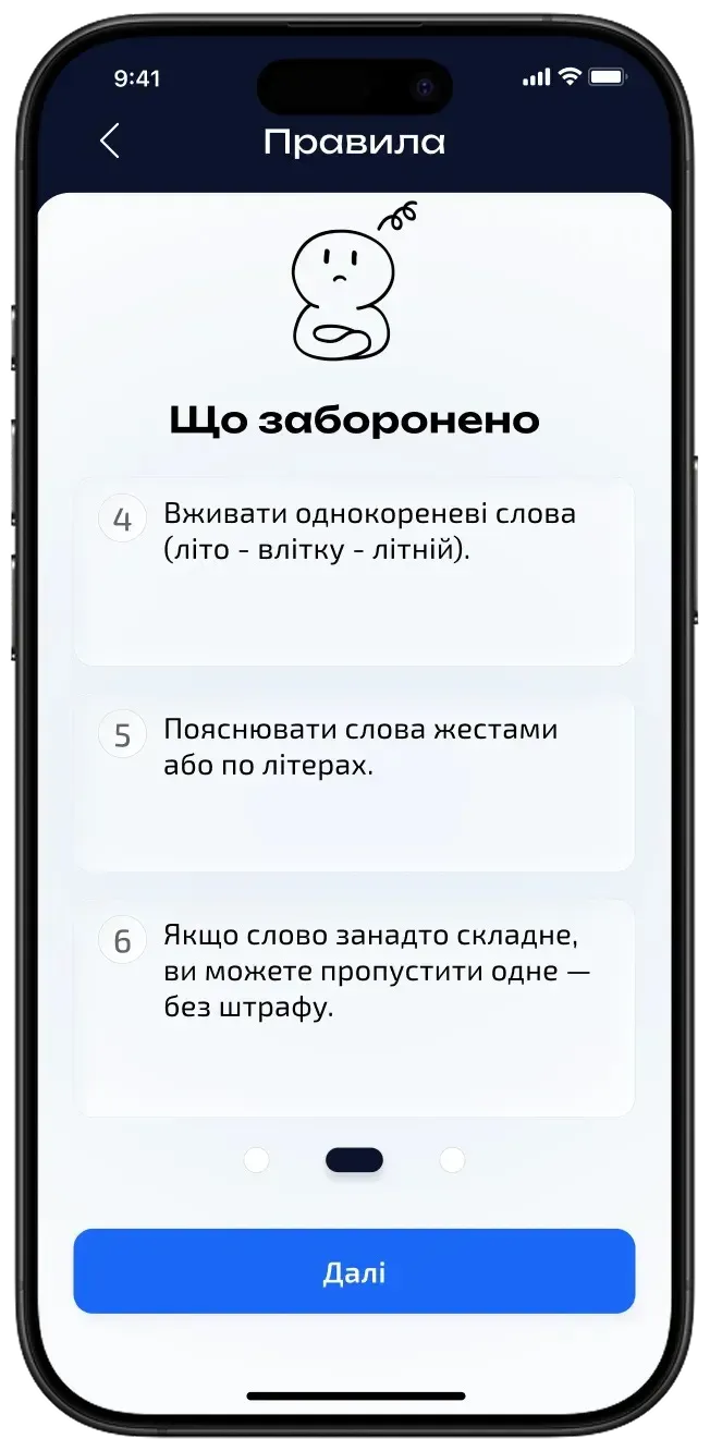 Екран «Правила» — Що заборонено. 4. Вживати однокореневі слова (літо - влітку - літній). 5. Пояснювати слова жестами або по літерах. 6. Якщо слово занадто складне, ви можете пропустити одне — без штрафу.