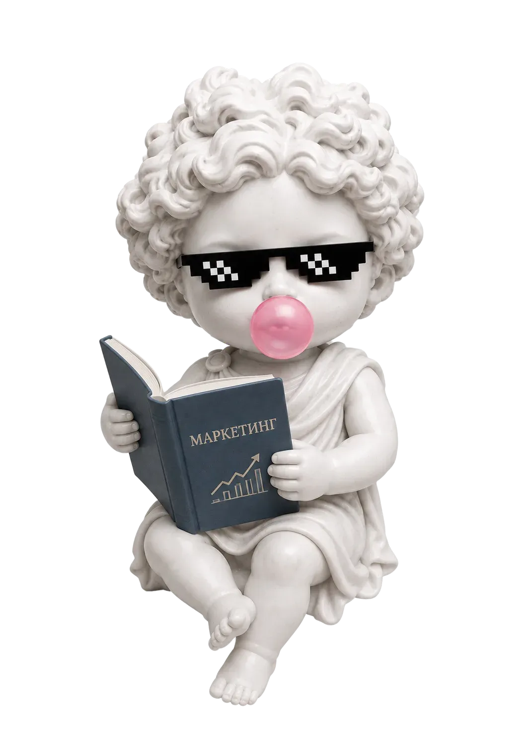 Статуетка Маркетиуму в окулярах читає книгу «Маркетинг»